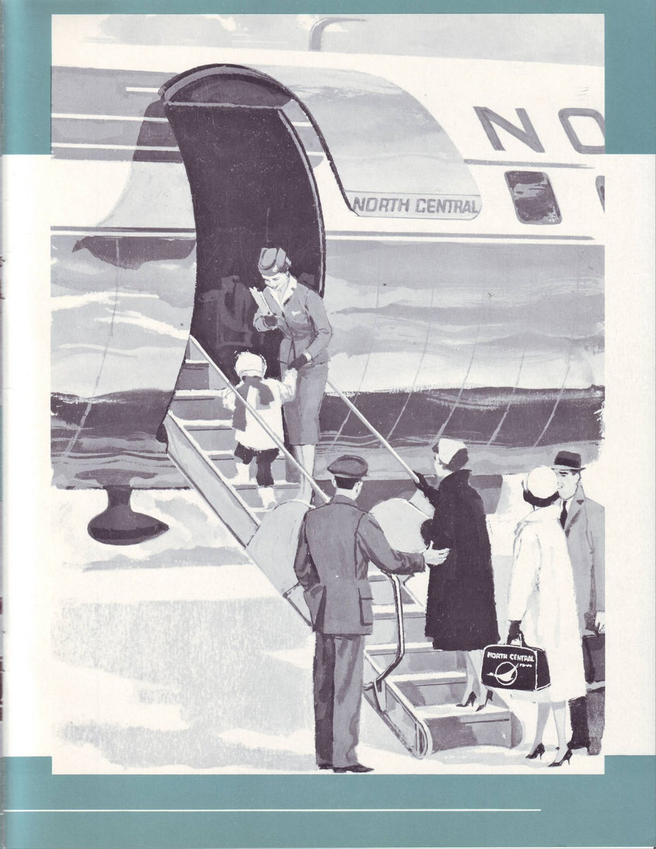 Painted illustration of passengers boarding a North Central Airlines Convair 340, from an annual report.